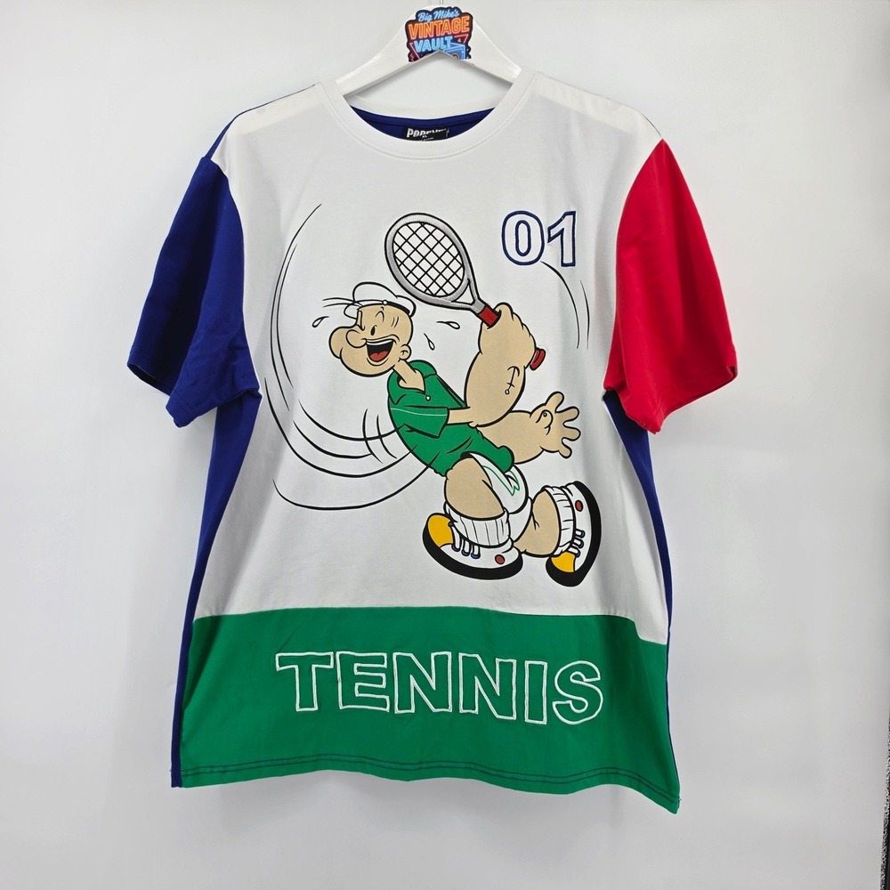 Popeye Tennis T Shirt Mens XL Colorblock Embroidered Graphic Retro Cartoon White